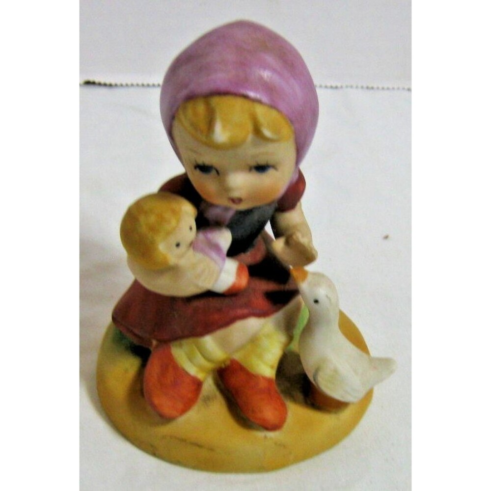 Vintage MCM Japan Girl Holding Doll Near Goose Figurine